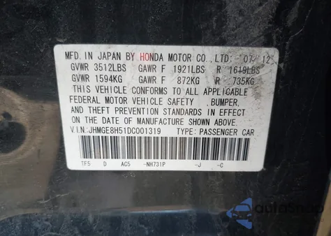 2013 Honda Fit Sport from USA, damaged, VIN JHMGE8H51DC001319